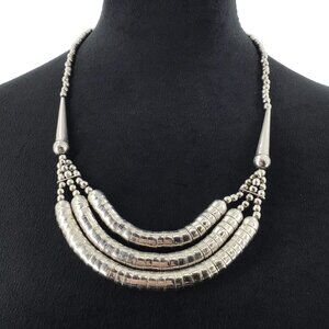 Vintage Bib Necklace Snake Tube Strands Silver Tone Hook Closure 24 Inch Length